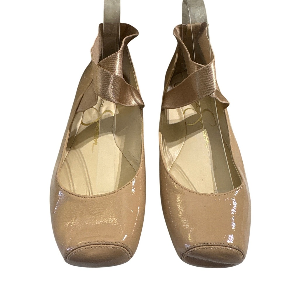 Jessica Simpson Nude Patent Square Toe Ballet Flats Elastic Ankle Straps 8M 38.5